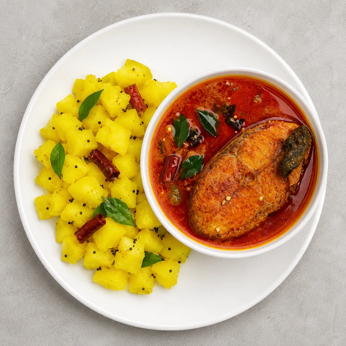 Kappa and Fish Curry at Kerala Palace Restaurant Calgary — Kerala tapioca with traditional fish curry